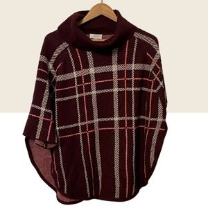 LOFT Plaid Knitted Cowl Neck Sweater Poncho, Maroon, Pink, and Cream, Size M/L